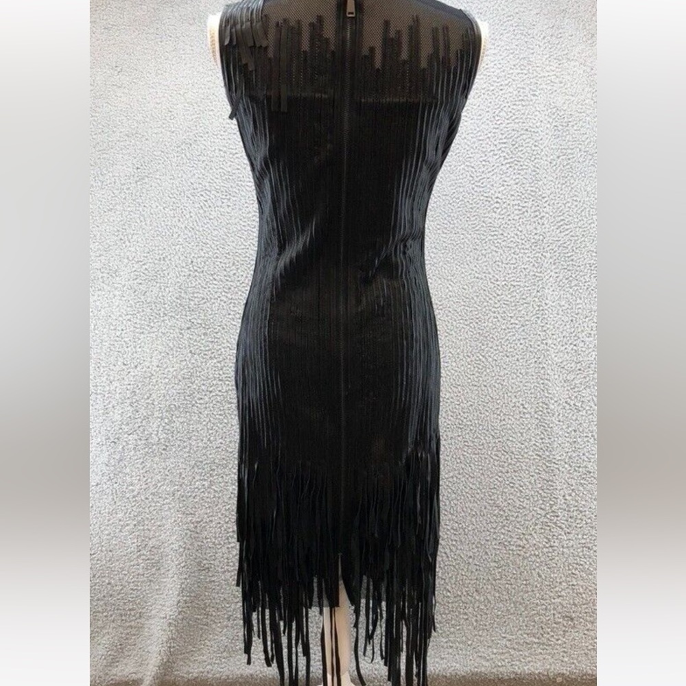 Elie Tahari black leather & mesh Milan fringe dress. Sizzling hot. Size 2. - Picture 5 of 10